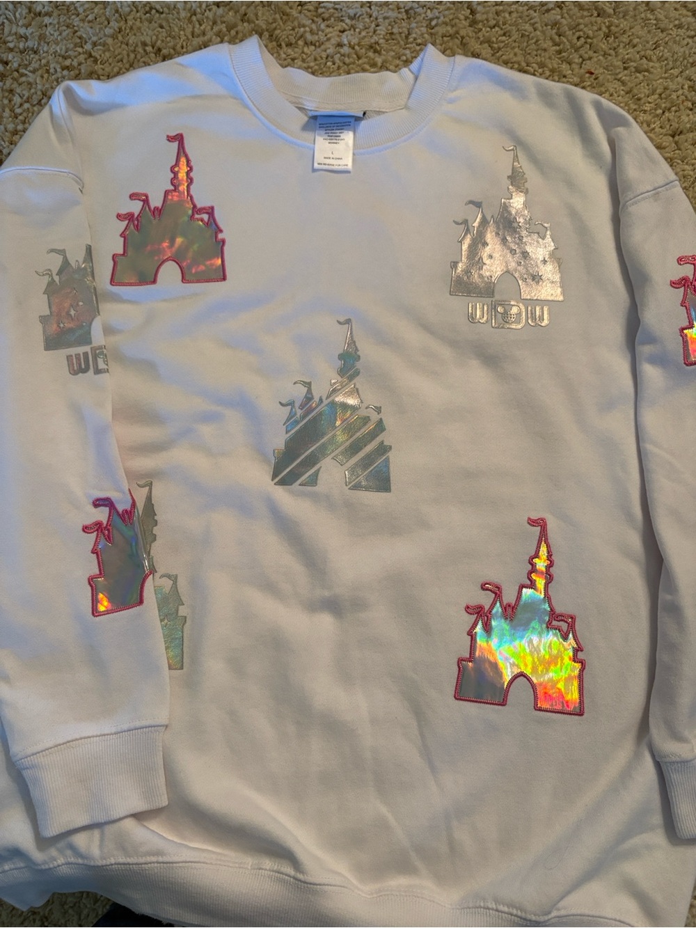 Disney World Cinderalla’s Castle holographic white sweatshirt, L, NWOT